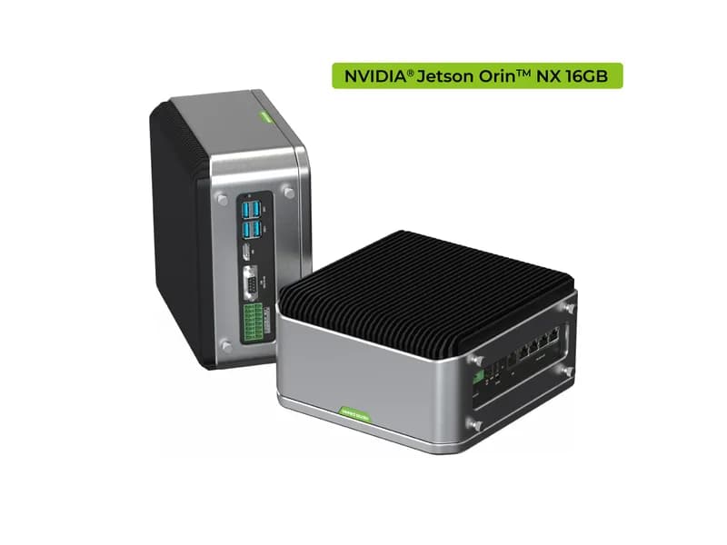 reServer Industrial J4012 — безвентиляторный NVR-сервер с поддержкой AI и модулем NVIDIA Jetson Orin NX 16 ГБ, алюминиевый корпус с пассивным охлаждением, 5xRJ45 GbE с PoE, 2 отсека для 2,5-дюймовых жестких дисков/твердотельных накопителей, 1xRS232/RS422/RS485, 4xDI/DO, 1xCAN, предустановленные Система ДжетПак