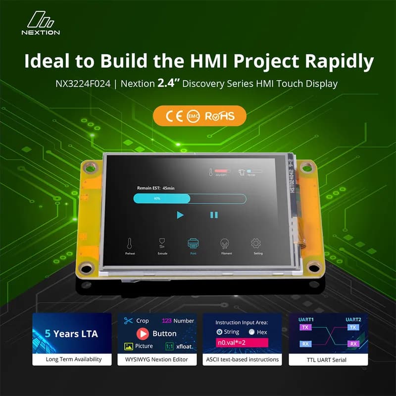 Nextion NX3224F024 2,4-дюймовый компактный HMI-TFT-дисплей серии Discovery с микроконтроллером 64 МГц
