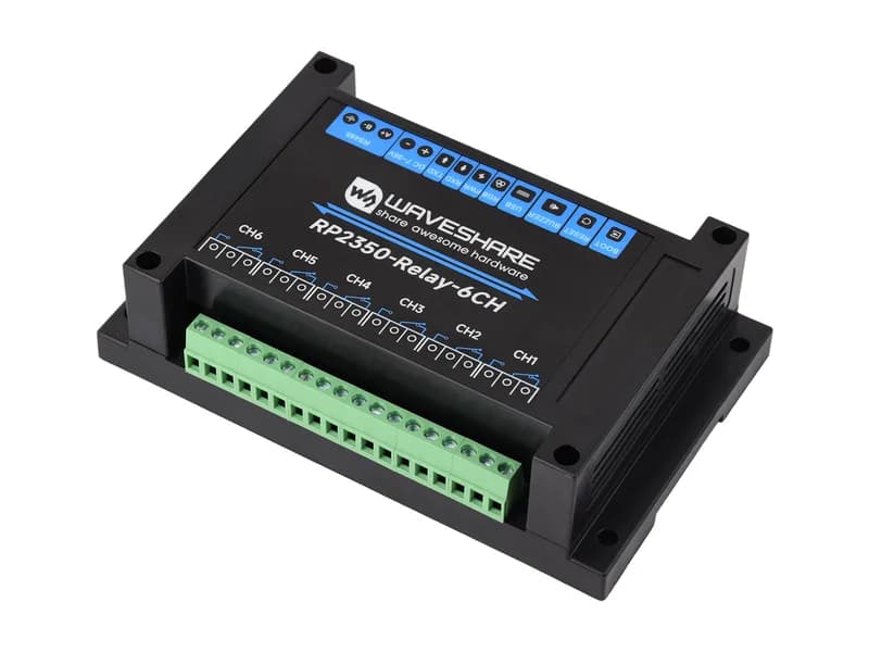 RP2350 6-канальный промышленный релейный модуль – RS485/Pico HAT, монтаж на рейку, защита изоляции