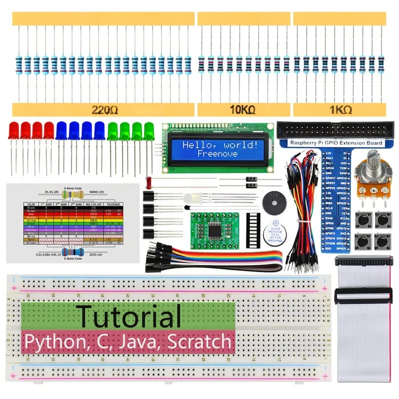 Стартовый комплект Freenove LCD 1602 для Raspberry Pi 5 4 B 3 B+ 400 Zero 2 W, подробное руководство на 535 страниц, код обработки Scratch на Python C Java, 151 элемент, 69 проектов