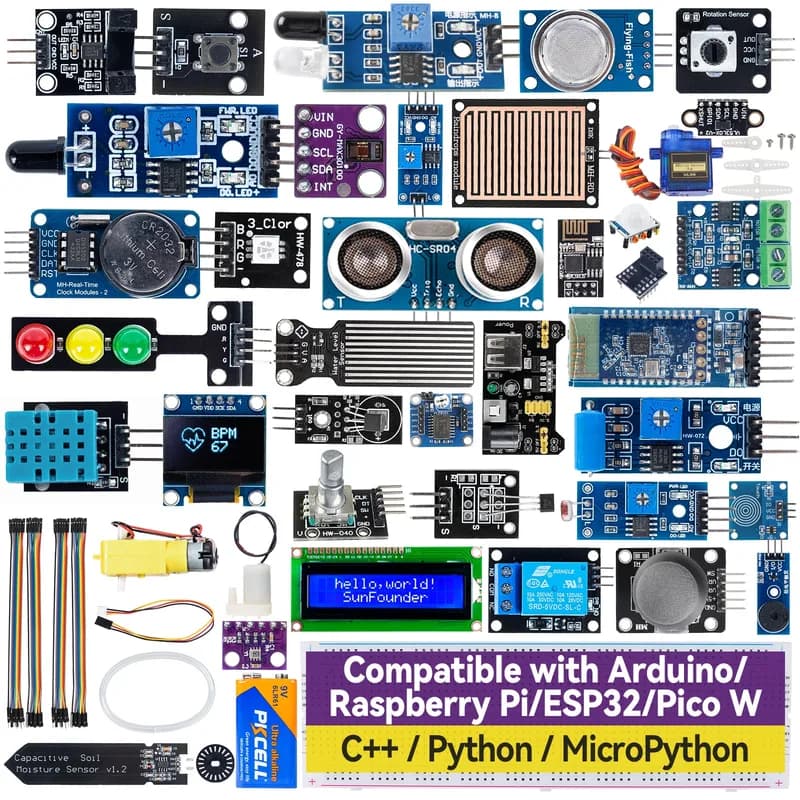 Универсальный набор датчиков SunFounder, совместимый с Arduino Mega 2560/Uno R3/R4 Minima/WiFi Nano, Raspberry Pi 5/4B/3B+/Zero 2 W/, Pico W, ESP32, C++, Python, MicroPython, для начинающих и инженеров